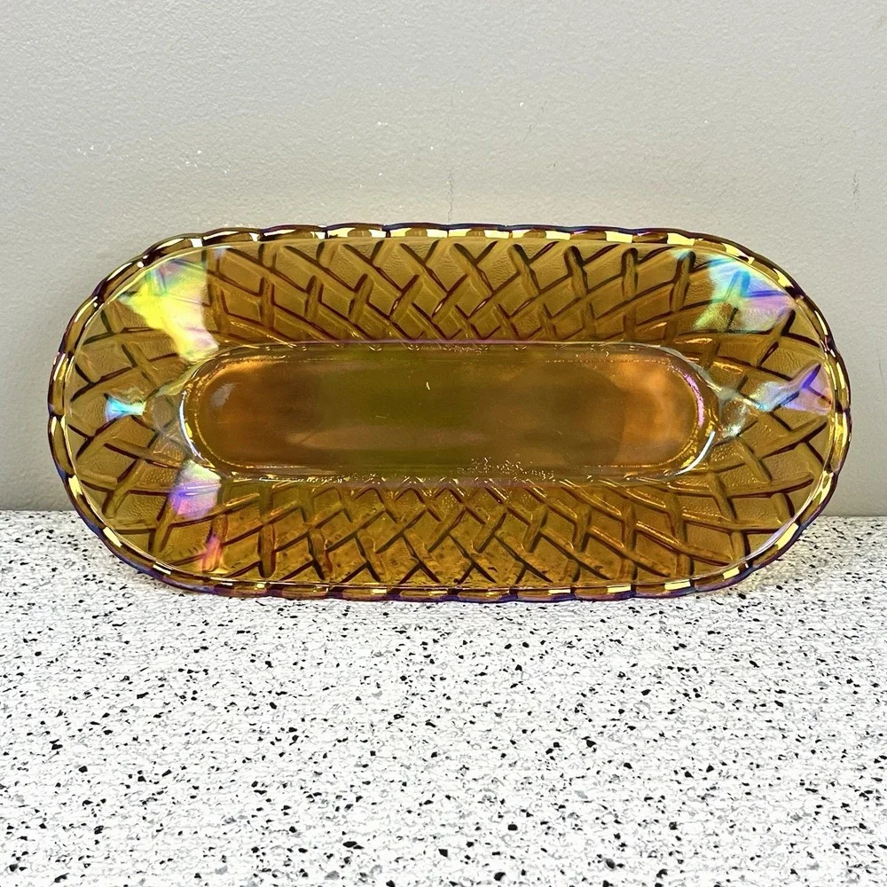 Indiana Glass Vintage Amber Marigold Carnival Glass Dish Basketweave Pretzel